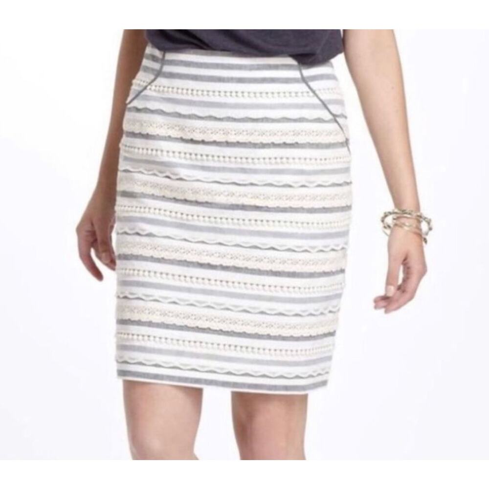 Tabitha Anthropologie Ivory Gray Striped Mini Skirt Pockets Lace Trim Size 4